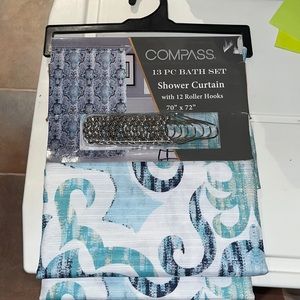 Compass bath set Shower Curtain 12 hooks 70” x 72” brand new Washable material